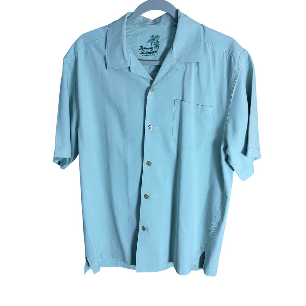 Tommy Bahama 100% Silk Camp Shirt Men's Small Aqua Blue Hawaiian Resort Button